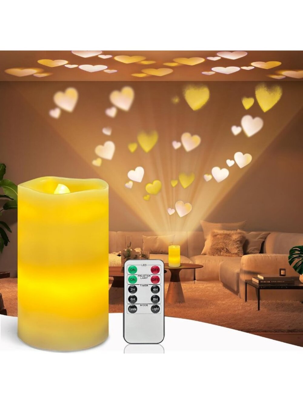 Romantic Flameless Heart Projector Candle Light for Valentine's Day Decor, LED